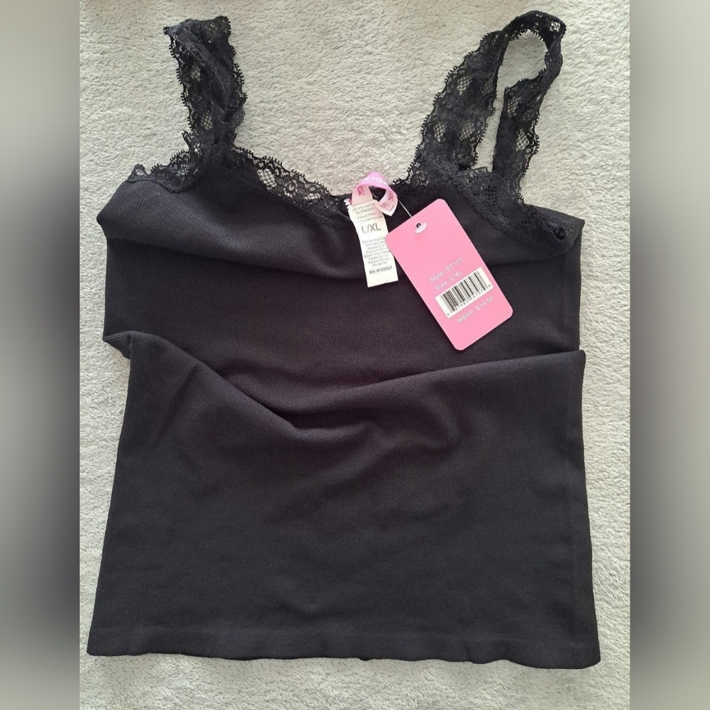 Emma Jordan Black Lace Straps Lightly Ribbed Tank Top Women's Size Large/XL NWT